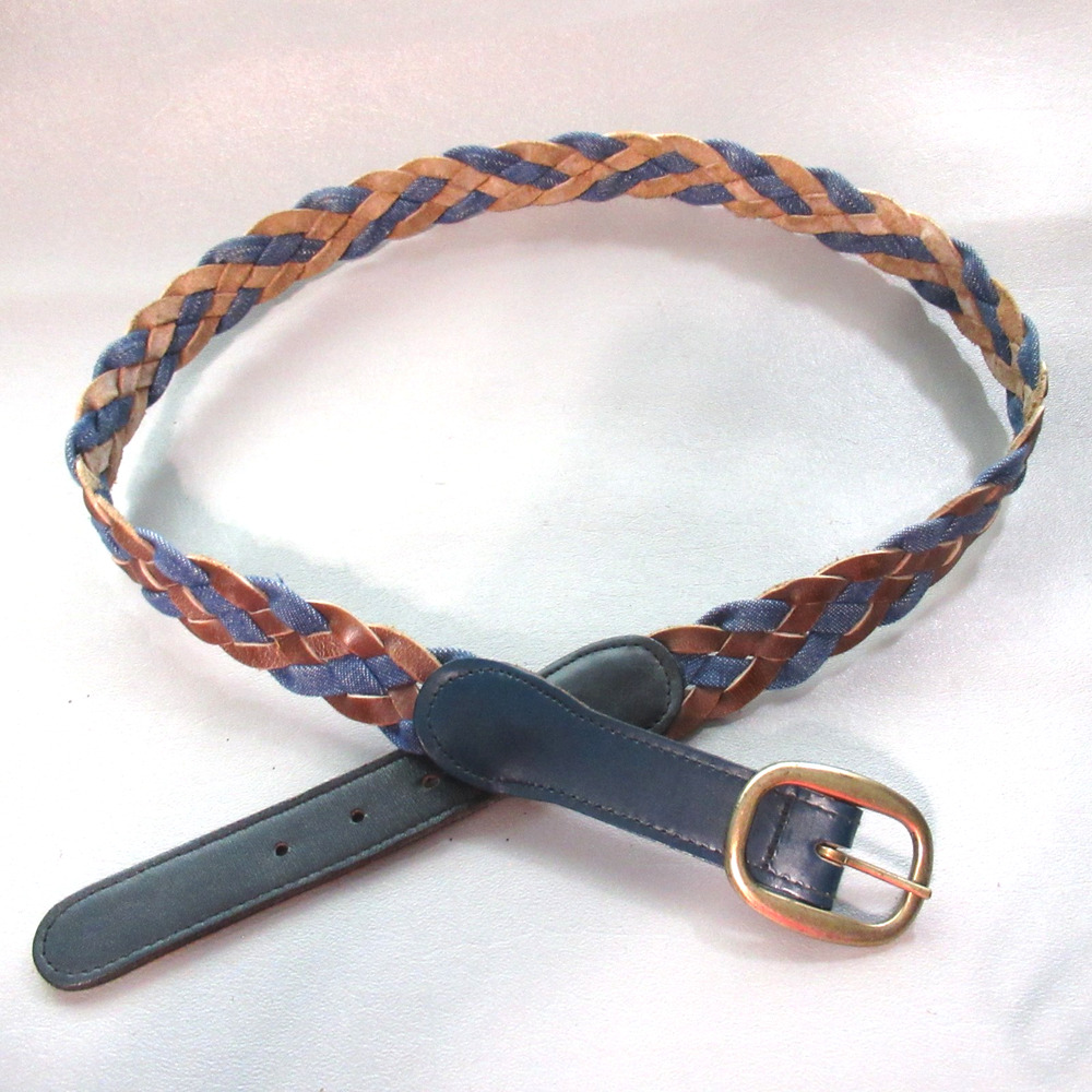 Vtg 80s Leather Denim Braided Belt Women 36 Blue Brown Brass Buckle Adjustable